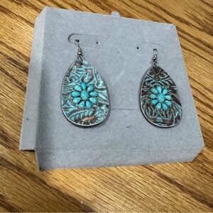 Turquoise Faux  on Leather  Floral Teardrop Earrings